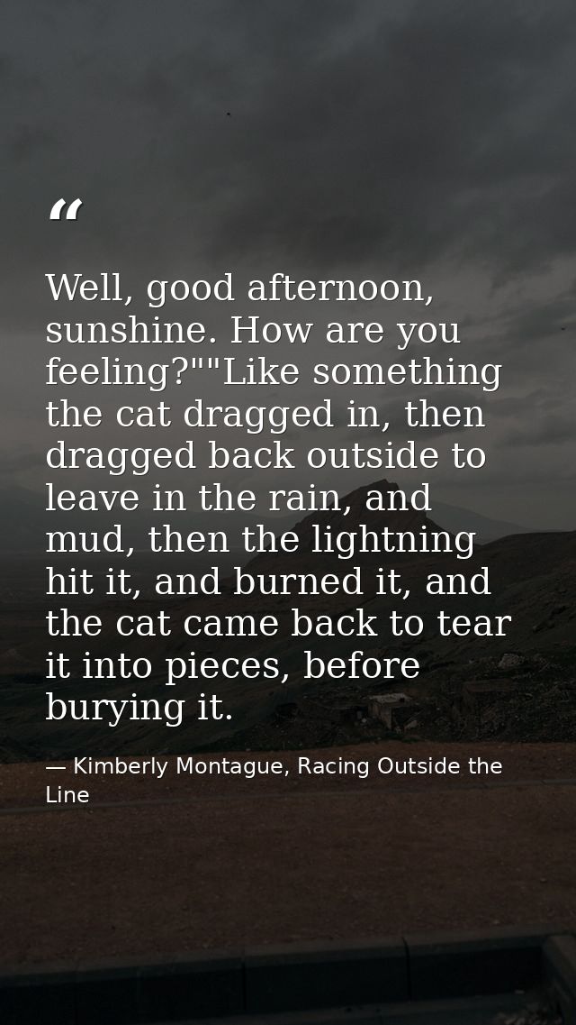 Well, good afternoon, sunshine. How are you feeling?""Like something the cat dragged in, then dragged back outside to le — Kimberly Montague, Racing Outside the Line