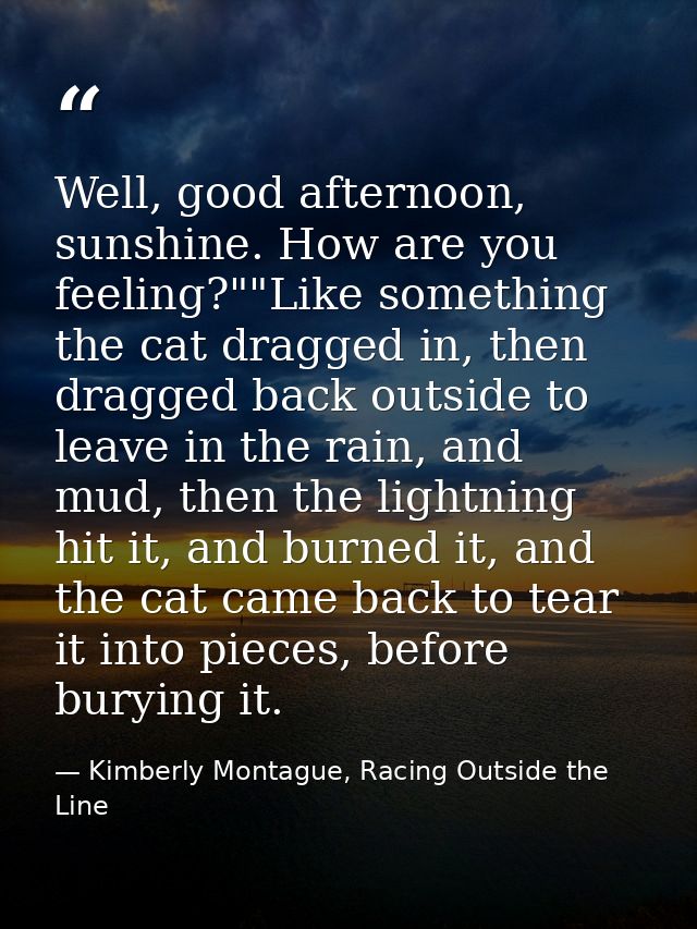 Well, good afternoon, sunshine. How are you feeling?""Like something the cat dragged in, then dragged back outside to le — Kimberly Montague, Racing Outside the Line