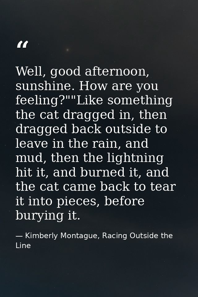 Well, good afternoon, sunshine. How are you feeling?""Like something the cat dragged in, then dragged back outside to le — Kimberly Montague, Racing Outside the Line