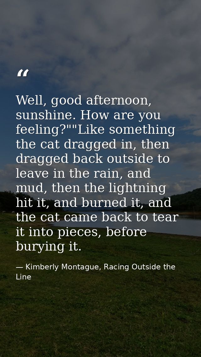 Well, good afternoon, sunshine. How are you feeling?""Like something the cat dragged in, then dragged back outside to le — Kimberly Montague, Racing Outside the Line