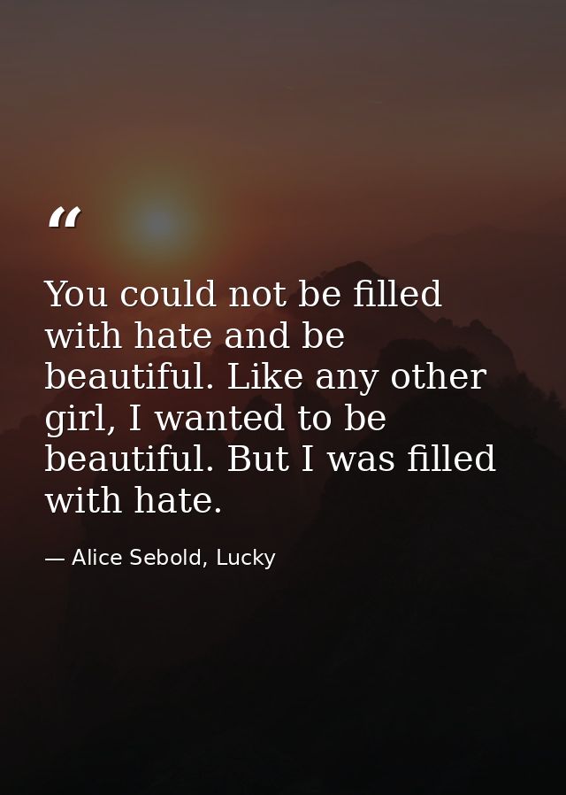 You could not be filled with hate and be beautiful. Like any other girl, I wanted to be beautiful. But I was filled with — Alice Sebold, Lucky