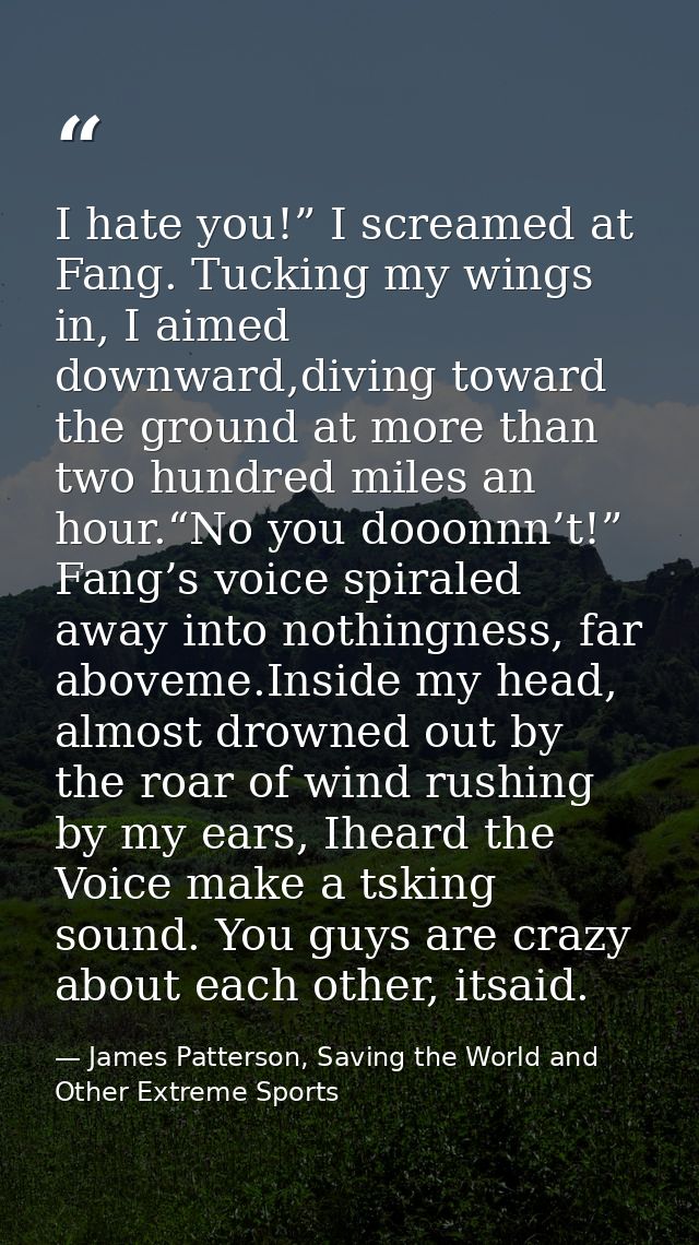I hate you!” I screamed at Fang. Tucking my wings in, I aimed downward,diving toward the ground at more than two hundred — James Patterson, Saving the World and Other Extreme Sports