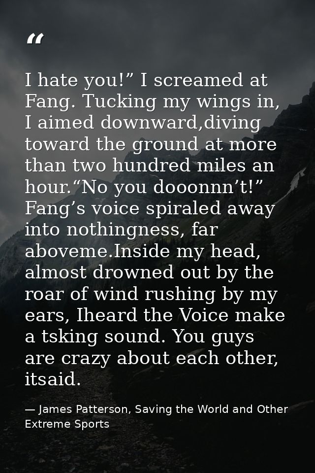 I hate you!” I screamed at Fang. Tucking my wings in, I aimed downward,diving toward the ground at more than two hundred — James Patterson, Saving the World and Other Extreme Sports