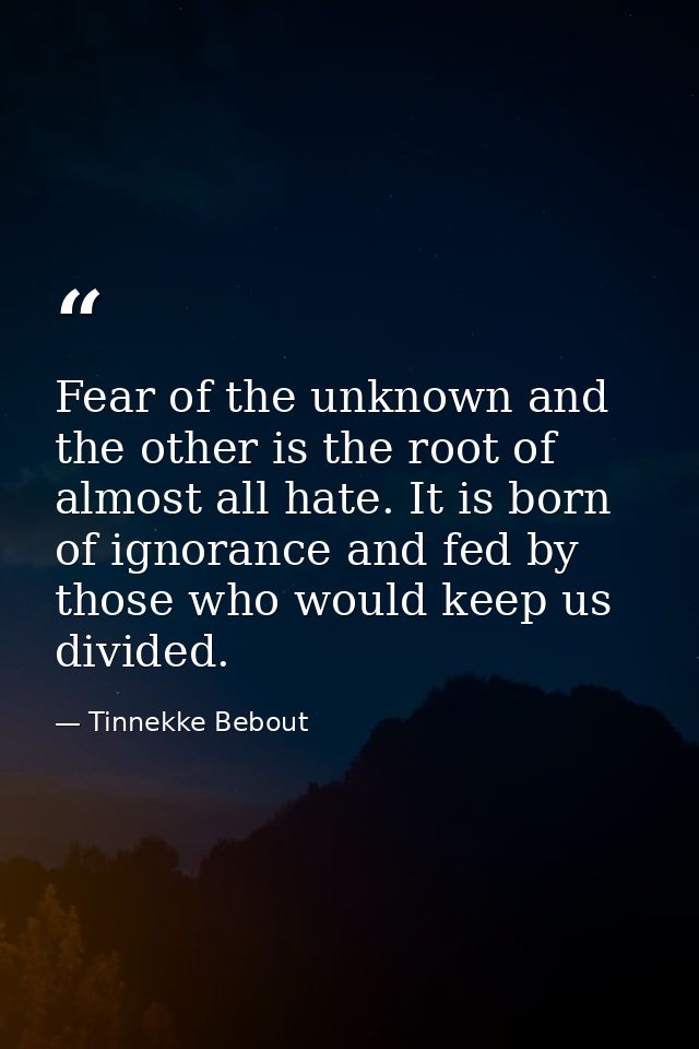 Fear of the unknown and the other is the root of almost all hate. It is born of ignorance and fed by those who would kee — Tinnekke Bebout