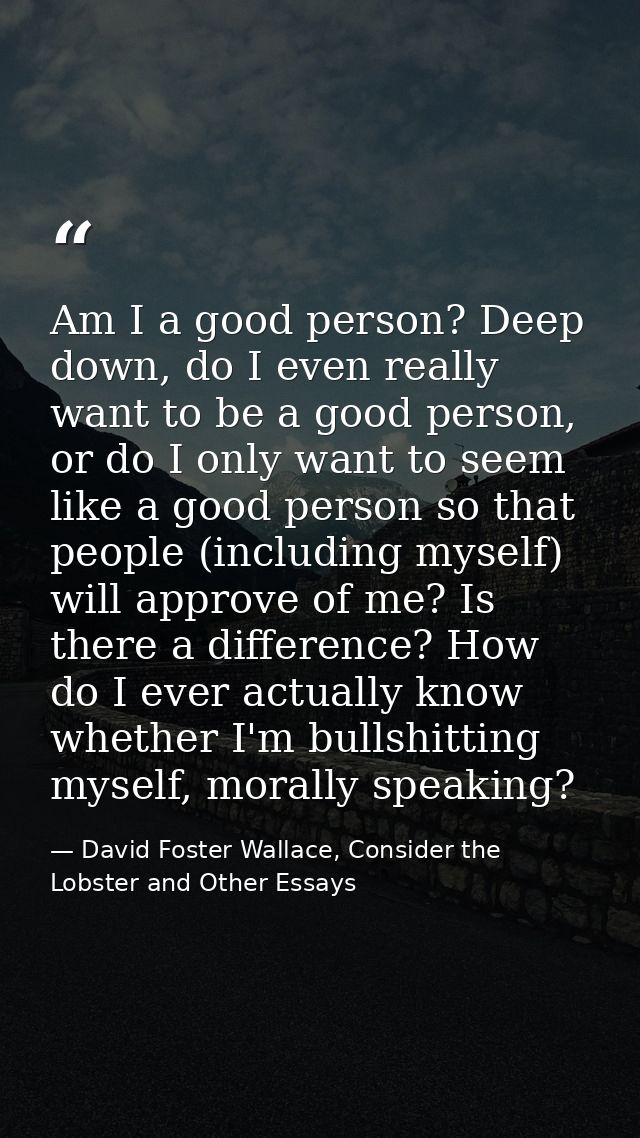 Am I a good person? Deep down, do I even really want to be a good person, or do I only want to seem like a good person s — David Foster Wallace, Consider the Lobster and Other Essays