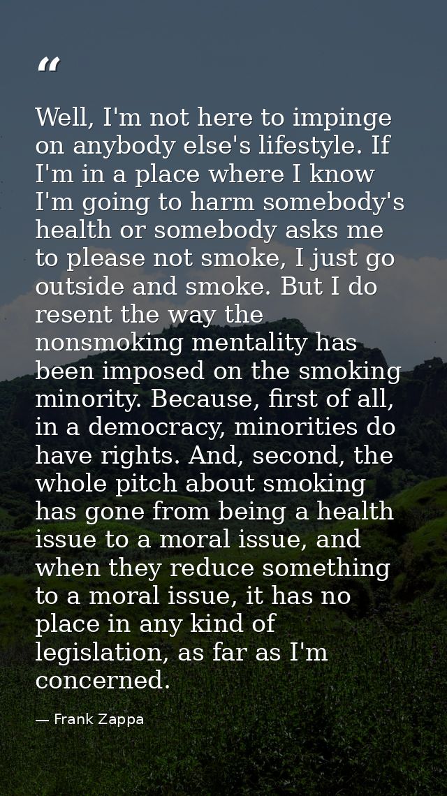 Well, I'm not here to impinge on anybody else's lifestyle. If I'm in a place where I know I'm going to harm somebody's h — Frank Zappa