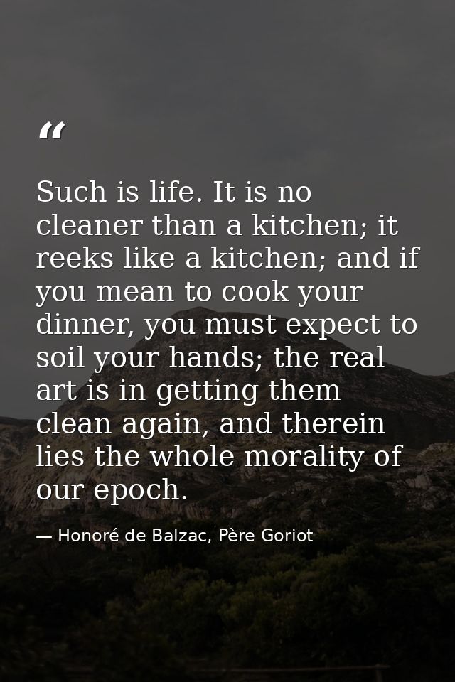 Such is life. It is no cleaner than a kitchen; it reeks like a kitchen; and if you mean to cook your dinner, you must ex — Honoré de Balzac, Père Goriot