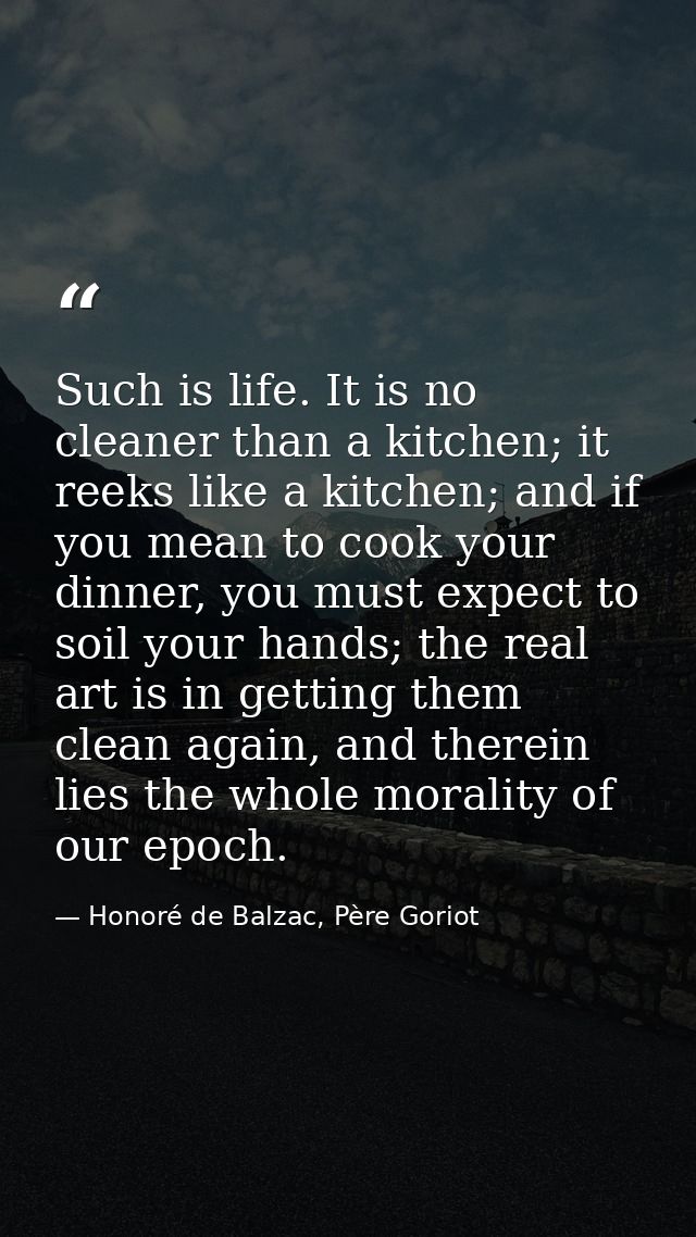 Such is life. It is no cleaner than a kitchen; it reeks like a kitchen; and if you mean to cook your dinner, you must ex — Honoré de Balzac, Père Goriot