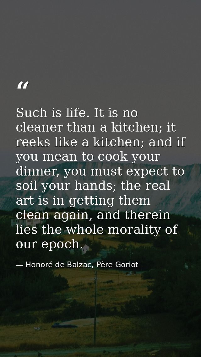 Such is life. It is no cleaner than a kitchen; it reeks like a kitchen; and if you mean to cook your dinner, you must ex — Honoré de Balzac, Père Goriot