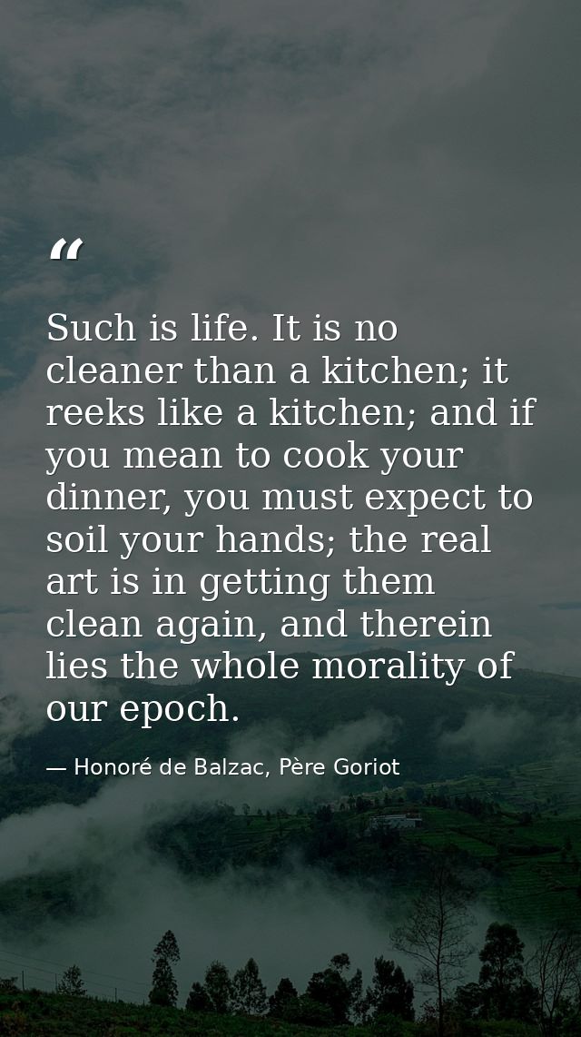 Such is life. It is no cleaner than a kitchen; it reeks like a kitchen; and if you mean to cook your dinner, you must ex — Honoré de Balzac, Père Goriot