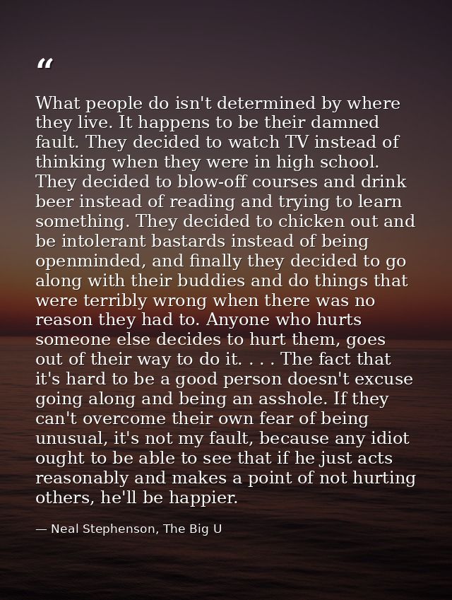 What people do isn't determined by where they live. It happens to be their damned fault. They decided to watch TV instea — Neal Stephenson, The Big U