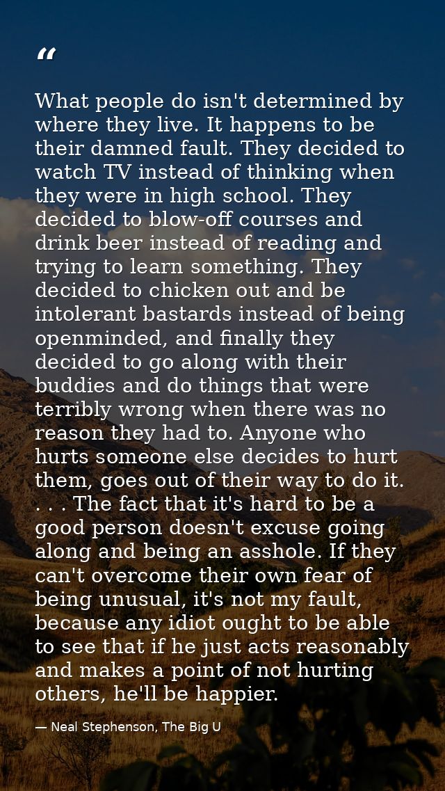 What people do isn't determined by where they live. It happens to be their damned fault. They decided to watch TV instea — Neal Stephenson, The Big U