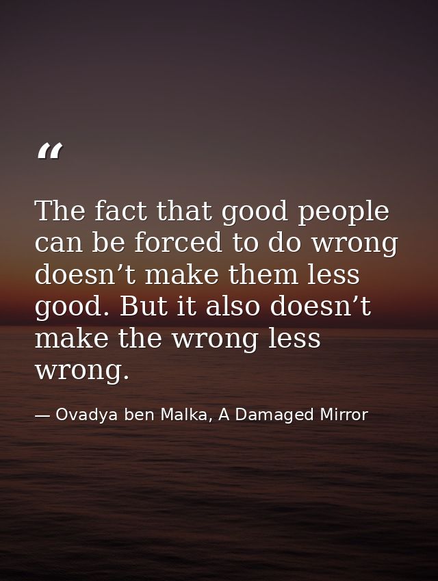 The fact that good people can be forced to do wrong doesn’t make them less good. But it also doesn’t make the wrong less — Ovadya ben Malka, A Damaged Mirror