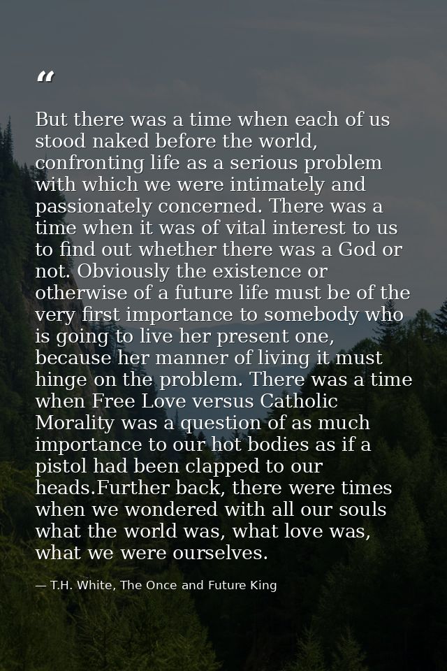 But there was a time when each of us stood naked before the world, confronting life as a serious problem with which we w — T.H. White, The Once and Future King