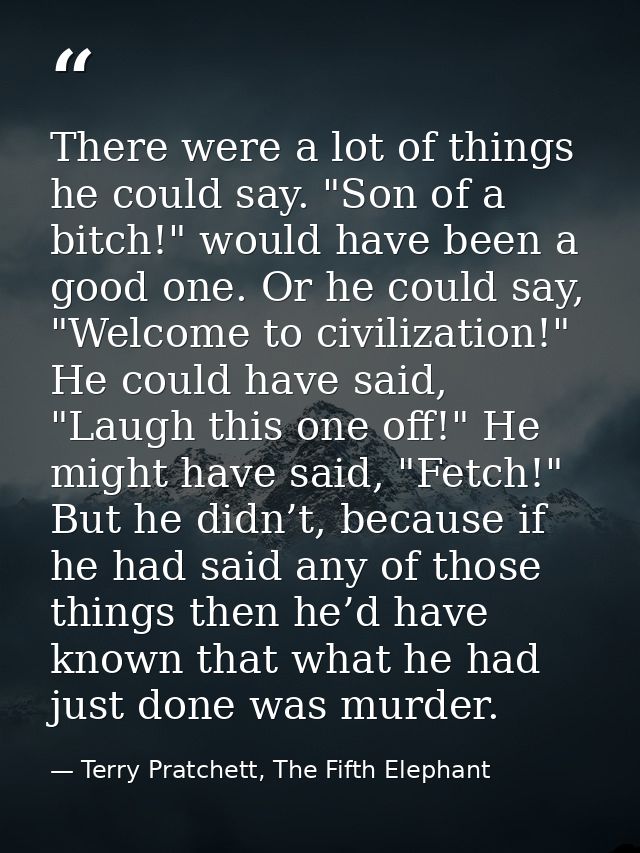There were a lot of things he could say. "Son of a bitch!" would have been a good one. Or he could say, "Welcome to civi — Terry Pratchett, The Fifth Elephant