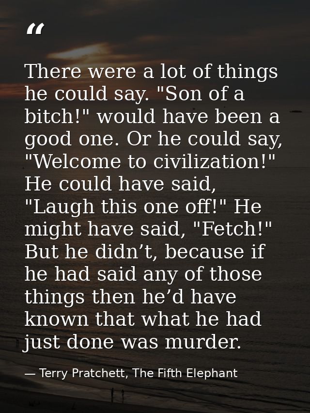 There were a lot of things he could say. "Son of a bitch!" would have been a good one. Or he could say, "Welcome to civi — Terry Pratchett, The Fifth Elephant