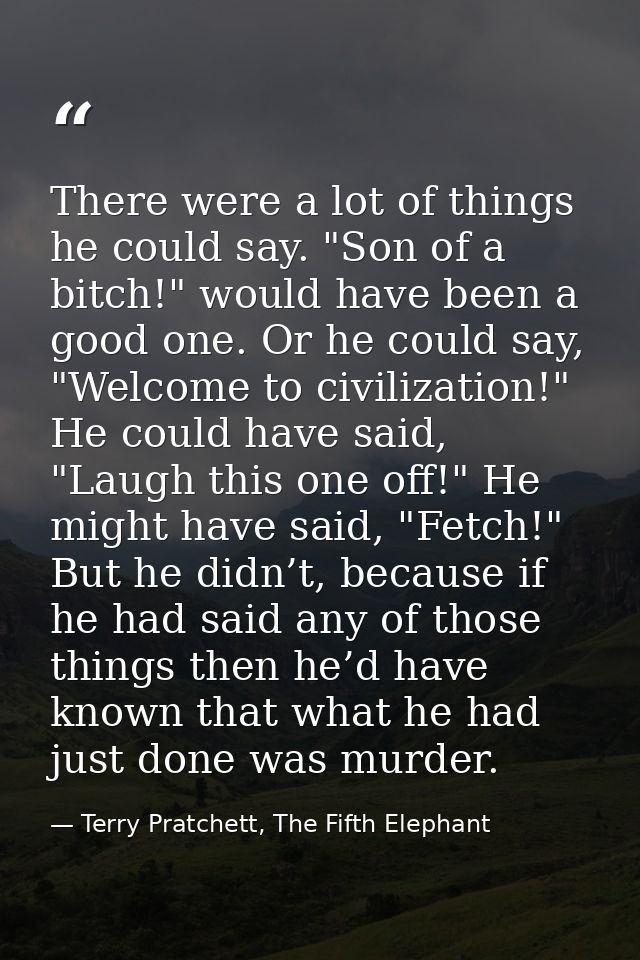 There were a lot of things he could say. "Son of a bitch!" would have been a good one. Or he could say, "Welcome to civi — Terry Pratchett, The Fifth Elephant