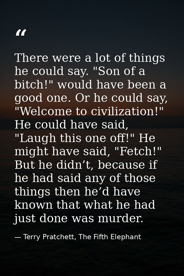There were a lot of things he could say. "Son of a bitch!" would have been a good one. Or he could say, "Welcome to civi — Terry Pratchett, The Fifth Elephant