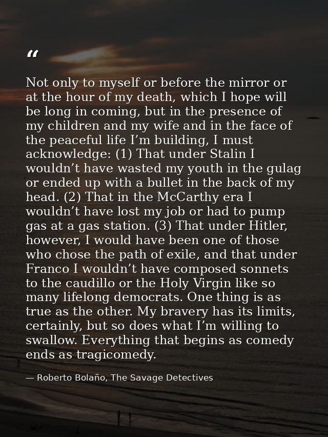 Not only to myself or before the mirror or at the hour of my death, which I hope will be long in coming, but in the pres — Roberto Bolaño, The Savage Detectives