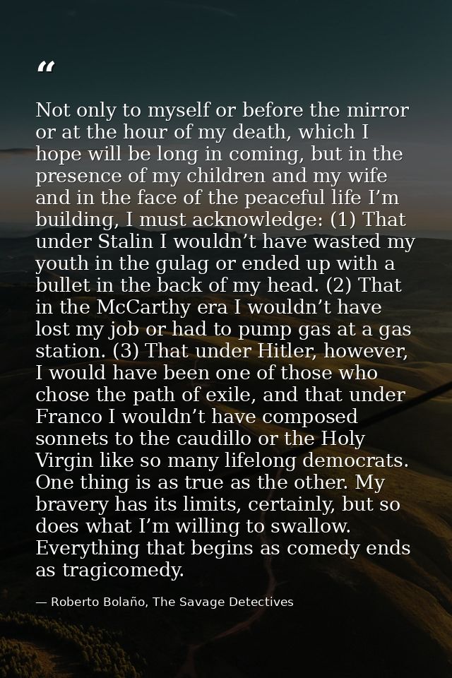 Not only to myself or before the mirror or at the hour of my death, which I hope will be long in coming, but in the pres — Roberto Bolaño, The Savage Detectives