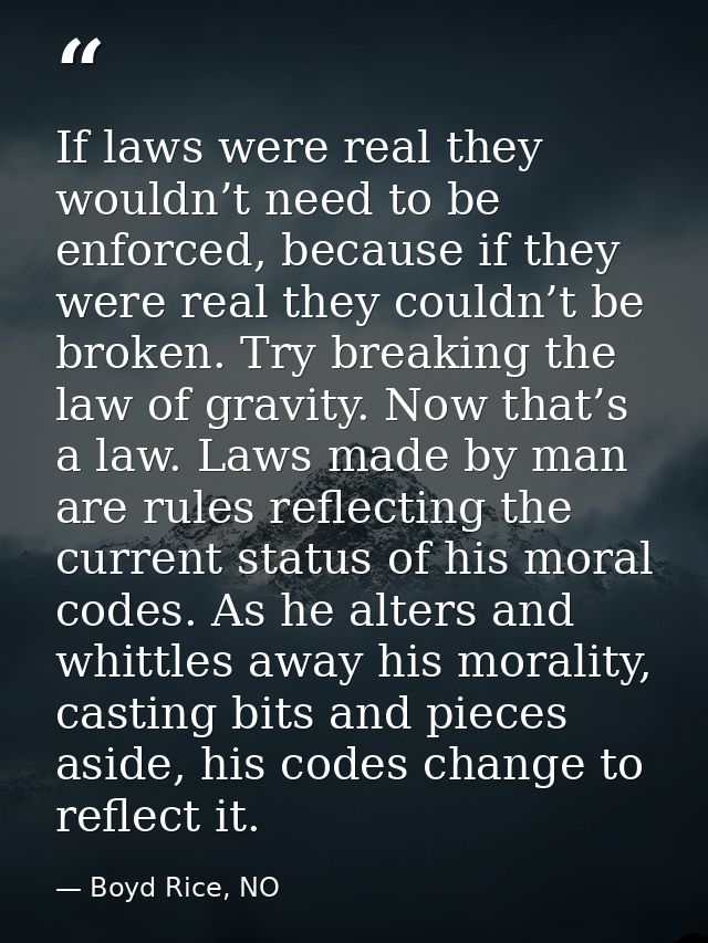 If laws were real they wouldn’t need to be enforced, because if they were real they couldn’t be broken. Try breaking the — Boyd Rice, NO