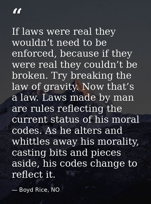 If laws were real they wouldn’t need to be enforced, because if they were real they couldn’t be broken. Try breaking the — Boyd Rice, NO