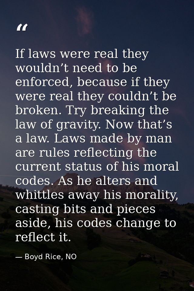 If laws were real they wouldn’t need to be enforced, because if they were real they couldn’t be broken. Try breaking the — Boyd Rice, NO