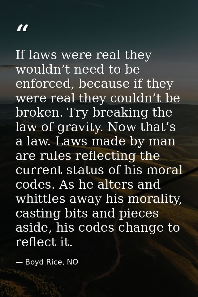 If laws were real they wouldn’t need to be enforced, because if they were real they couldn’t be broken. Try breaking the — Boyd Rice, NO