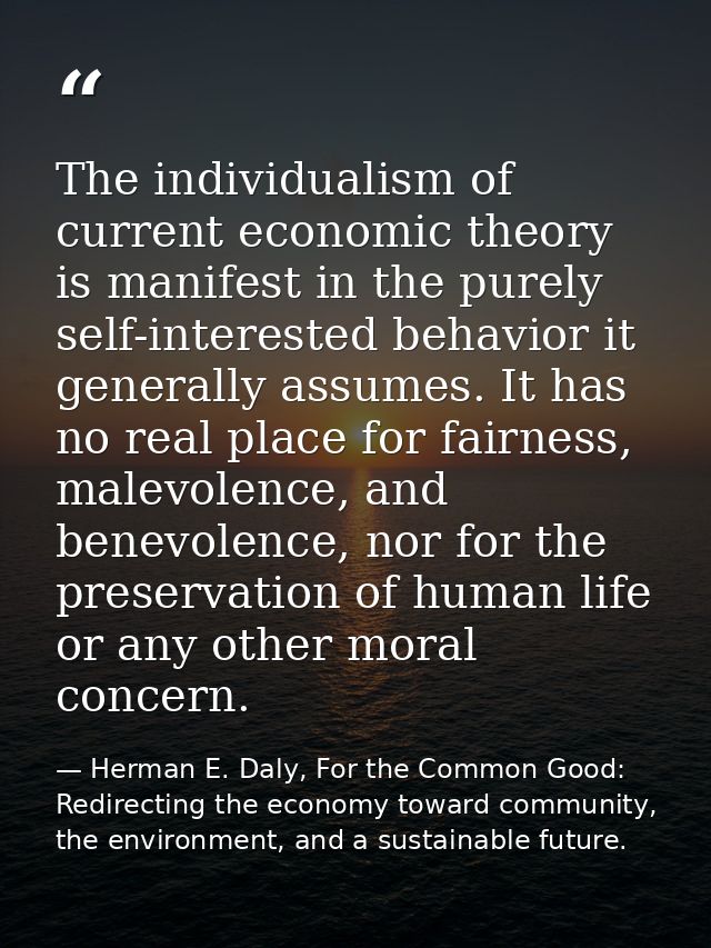 The individualism of current economic theory is manifest in the purely self-interested behavior it generally assumes. It — Herman E. Daly, For the Common Good: Redirecting the economy toward community, the environment, and a sustainable future.