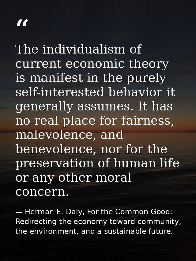 The individualism of current economic theory is manifest in the purely self-interested behavior it generally assumes. It — Herman E. Daly, For the Common Good: Redirecting the economy toward community, the environment, and a sustainable future.