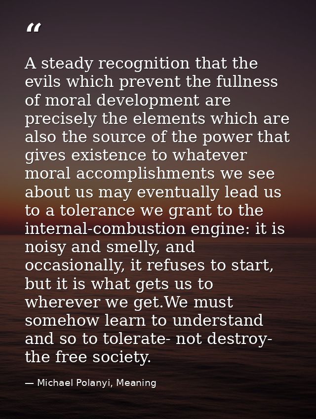 A steady recognition that the evils which prevent the fullness of moral development are precisely the elements which are — Michael Polanyi, Meaning