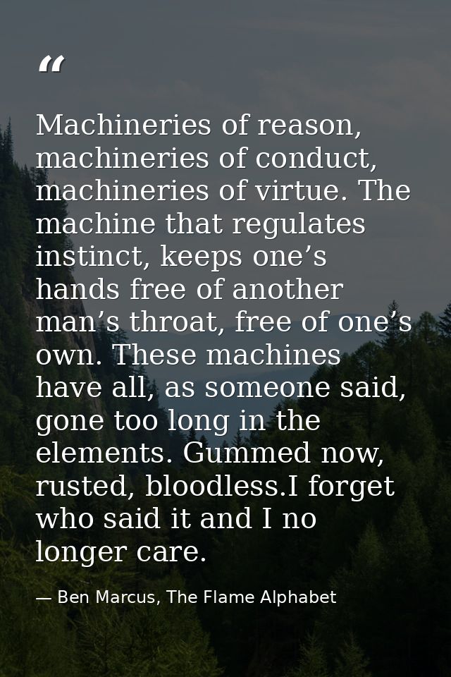 Machineries of reason, machineries of conduct, machineries of virtue. The machine that regulates instinct, keeps one’s h — Ben Marcus, The Flame Alphabet