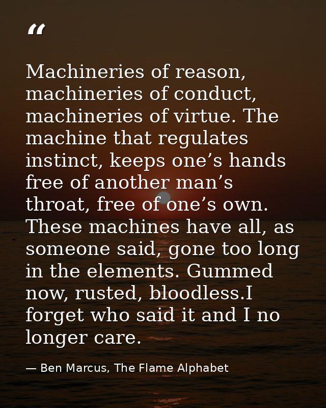 Machineries of reason, machineries of conduct, machineries of virtue. The machine that regulates instinct, keeps one’s h — Ben Marcus, The Flame Alphabet