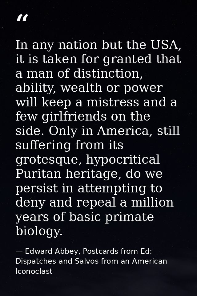 In any nation but the USA, it is taken for granted that a man of distinction, ability, wealth or power will keep a mistr — Edward Abbey, Postcards from Ed: Dispatches and Salvos from an American Iconoclast