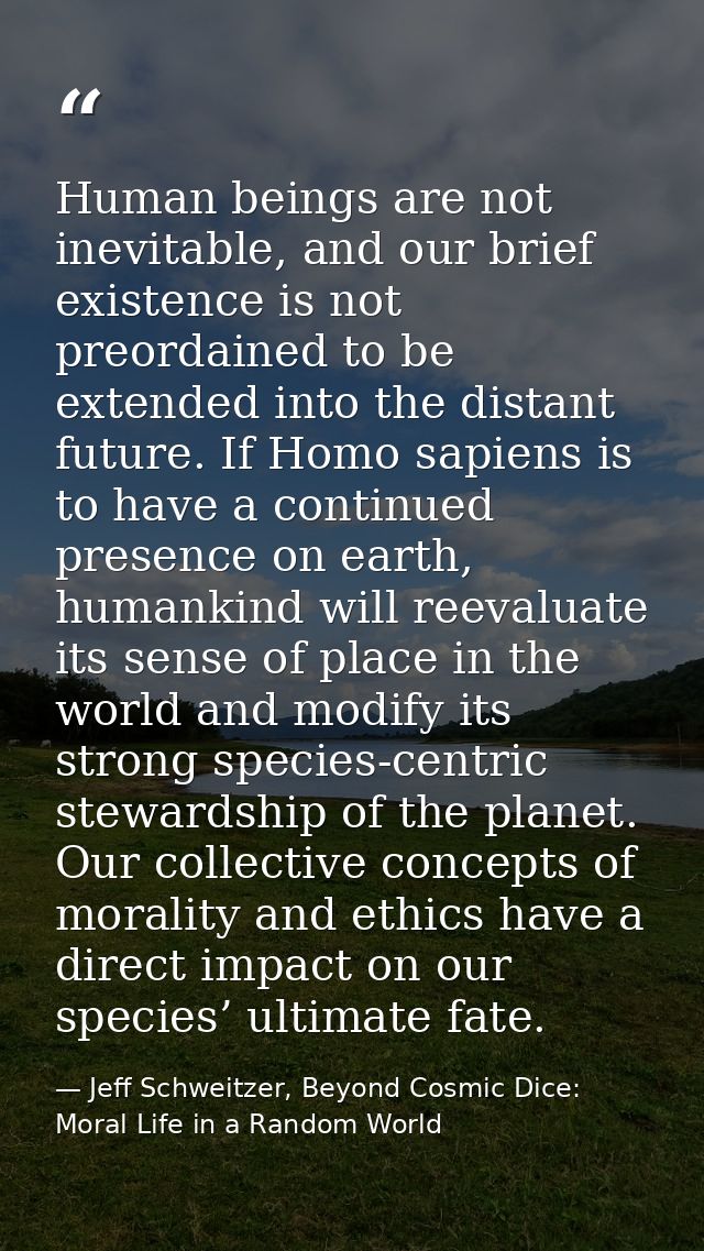 Human beings are not inevitable, and our brief existence is not preordained to be extended into the distant future. If H — Jeff Schweitzer, Beyond Cosmic Dice: Moral Life in a Random World