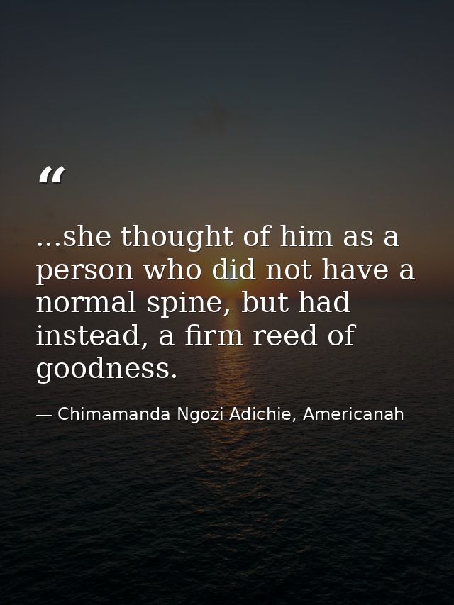 ...she thought of him as a person who did not have a normal spine, but had instead, a firm reed of goodness. — Chimamanda Ngozi Adichie, Americanah