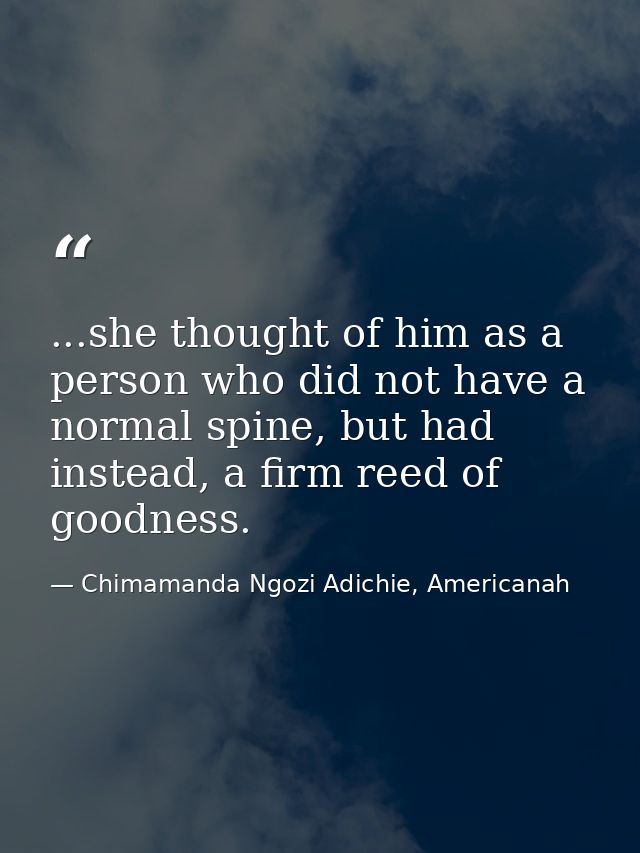 ...she thought of him as a person who did not have a normal spine, but had instead, a firm reed of goodness. — Chimamanda Ngozi Adichie, Americanah