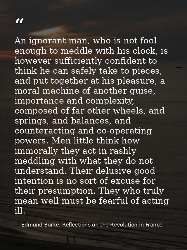 An ignorant man, who is not fool enough to meddle with his clock, is however sufficiently confident to think he can safe — Edmund Burke, Reflections on the Revolution in France
