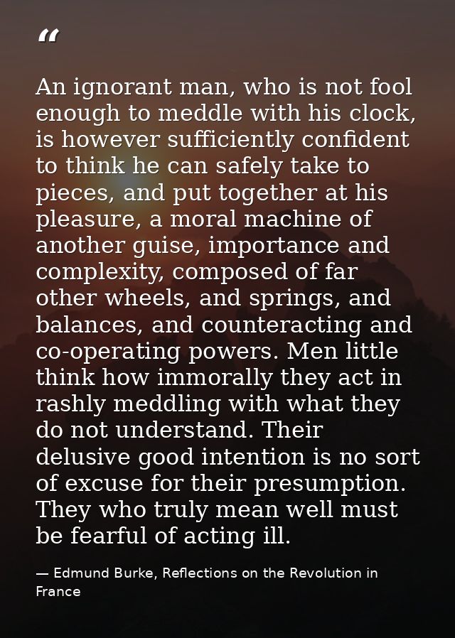 An ignorant man, who is not fool enough to meddle with his clock, is however sufficiently confident to think he can safe — Edmund Burke, Reflections on the Revolution in France