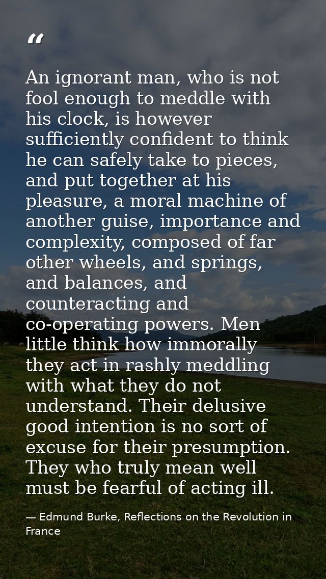An ignorant man, who is not fool enough to meddle with his clock, is however sufficiently confident to think he can safe — Edmund Burke, Reflections on the Revolution in France
