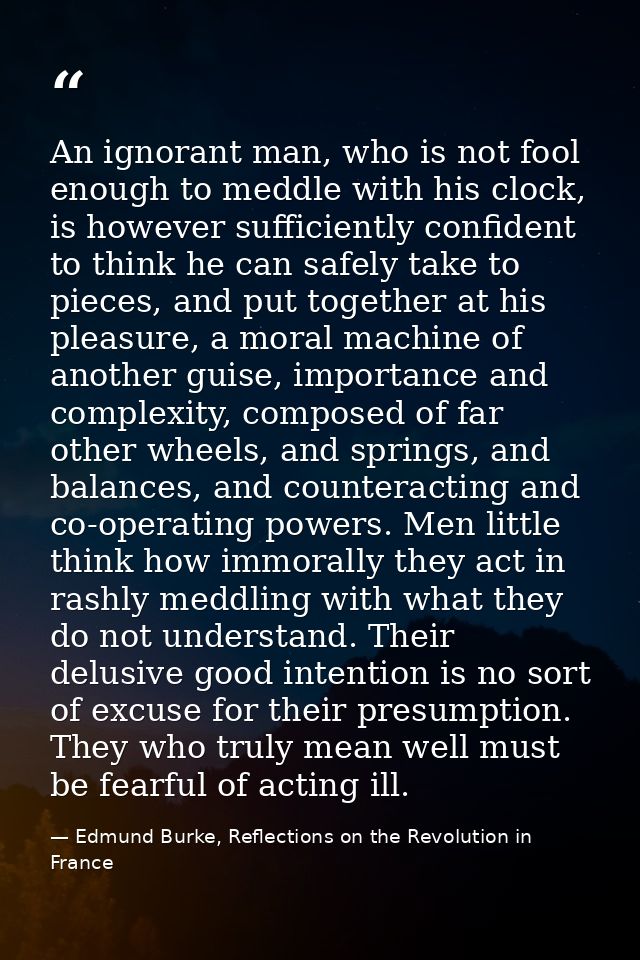 An ignorant man, who is not fool enough to meddle with his clock, is however sufficiently confident to think he can safe — Edmund Burke, Reflections on the Revolution in France