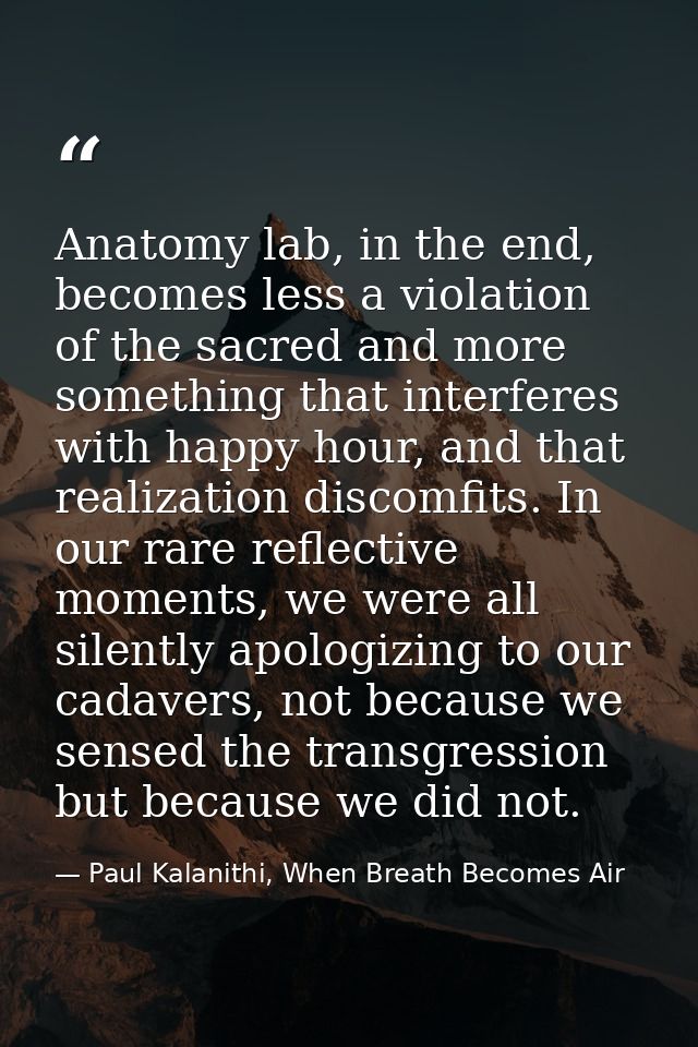 Anatomy lab, in the end, becomes less a violation of the sacred and more something that interferes with happy hour, and  — Paul Kalanithi, When Breath Becomes Air