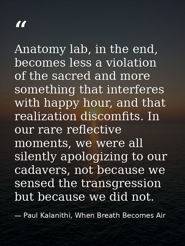 Anatomy lab, in the end, becomes less a violation of the sacred and more something that interferes with happy hour, and  — Paul Kalanithi, When Breath Becomes Air