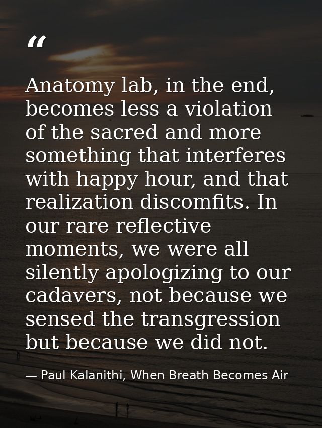 Anatomy lab, in the end, becomes less a violation of the sacred and more something that interferes with happy hour, and  — Paul Kalanithi, When Breath Becomes Air