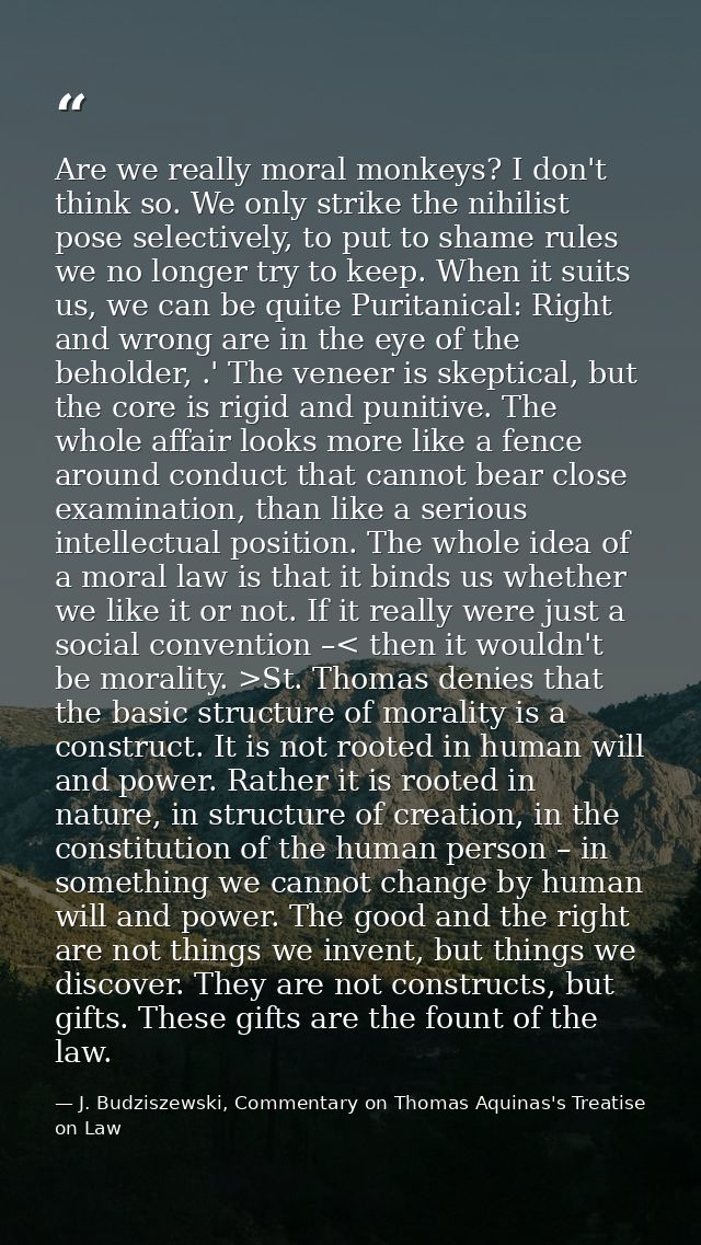 Are we really moral monkeys? I don't think so. We only strike the nihilist pose selectively, to put to shame rules we no — J. Budziszewski, Commentary on Thomas Aquinas's Treatise on Law