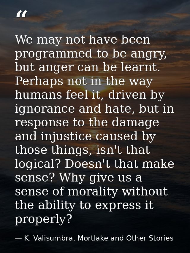 We may not have been programmed to be angry, but anger can be learnt. Perhaps not in the way humans feel it, driven by i — K. Valisumbra, Mortlake and Other Stories