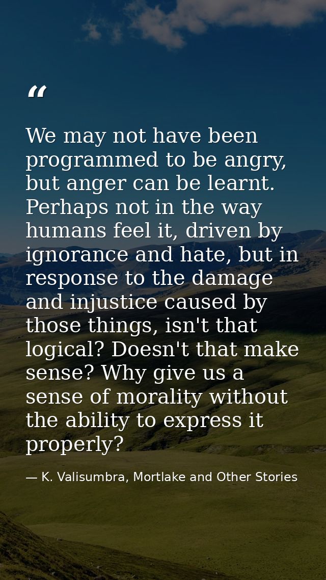 We may not have been programmed to be angry, but anger can be learnt. Perhaps not in the way humans feel it, driven by i — K. Valisumbra, Mortlake and Other Stories