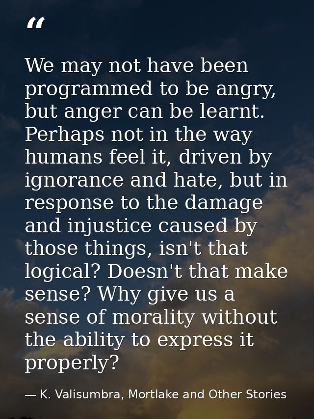 We may not have been programmed to be angry, but anger can be learnt. Perhaps not in the way humans feel it, driven by i — K. Valisumbra, Mortlake and Other Stories