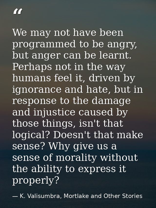 We may not have been programmed to be angry, but anger can be learnt. Perhaps not in the way humans feel it, driven by i — K. Valisumbra, Mortlake and Other Stories