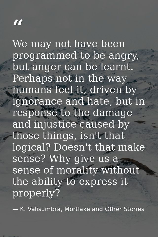 We may not have been programmed to be angry, but anger can be learnt. Perhaps not in the way humans feel it, driven by i — K. Valisumbra, Mortlake and Other Stories